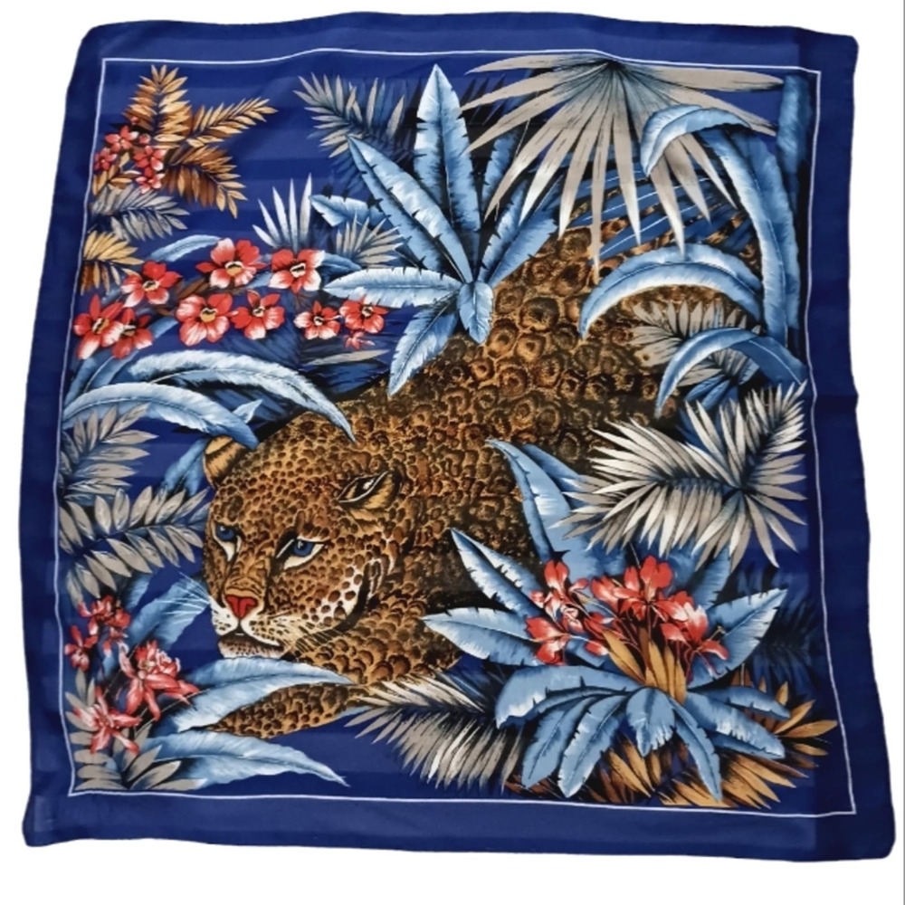 Leopard Scarf 29x29 Cotton Cheetah Jungle Tropical Blue Exotic‎ Designer Vintage